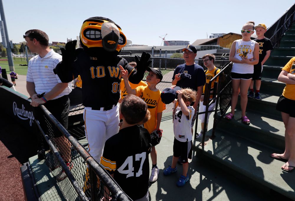 Herky the Hawk entertains the kids during the Iowa Hawkeyes game against the Oklahoma State Cowboys Sunday, May 6, 2018 at Duane Banks Field. (Brian Ray/hawkeyesports.com)