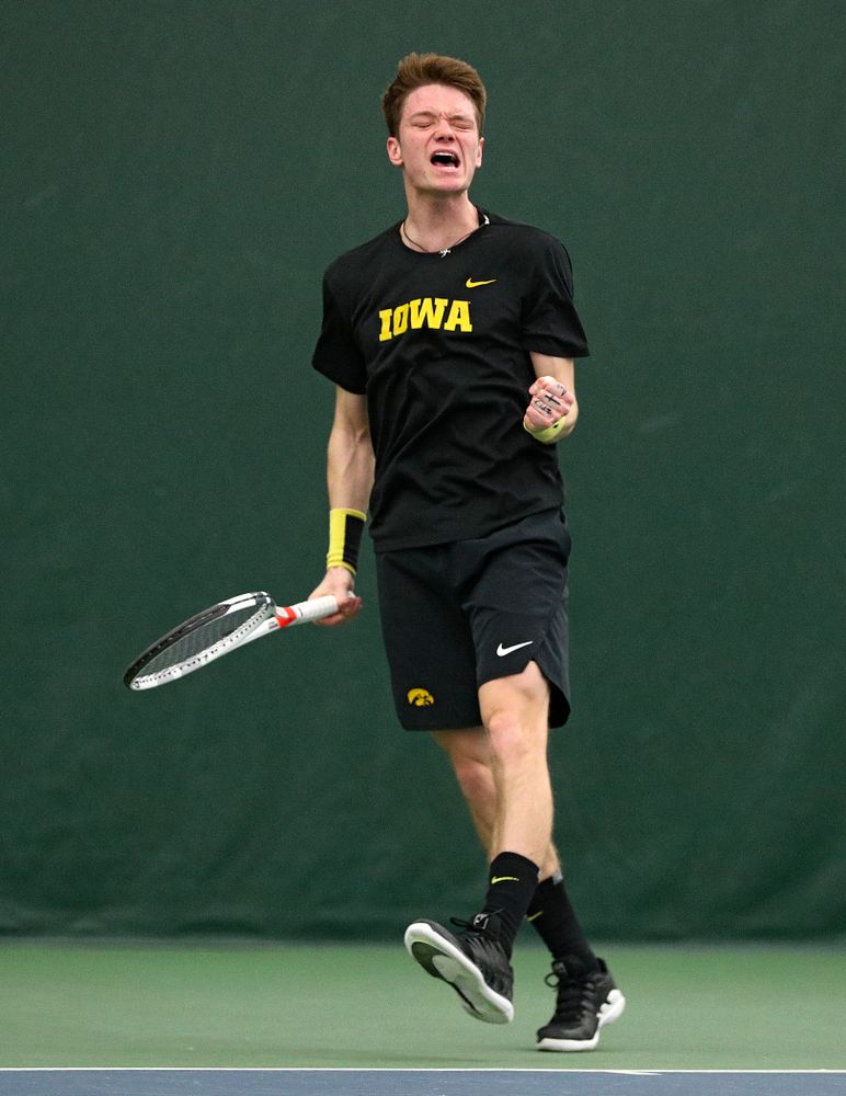 Iowa’s Jason Kerst celebrates a point during his singles match at the Hawkeye Tennis and Recreation Complex in Iowa City on Friday, March 6, 2020. (Stephen Mally/hawkeyesports.com)