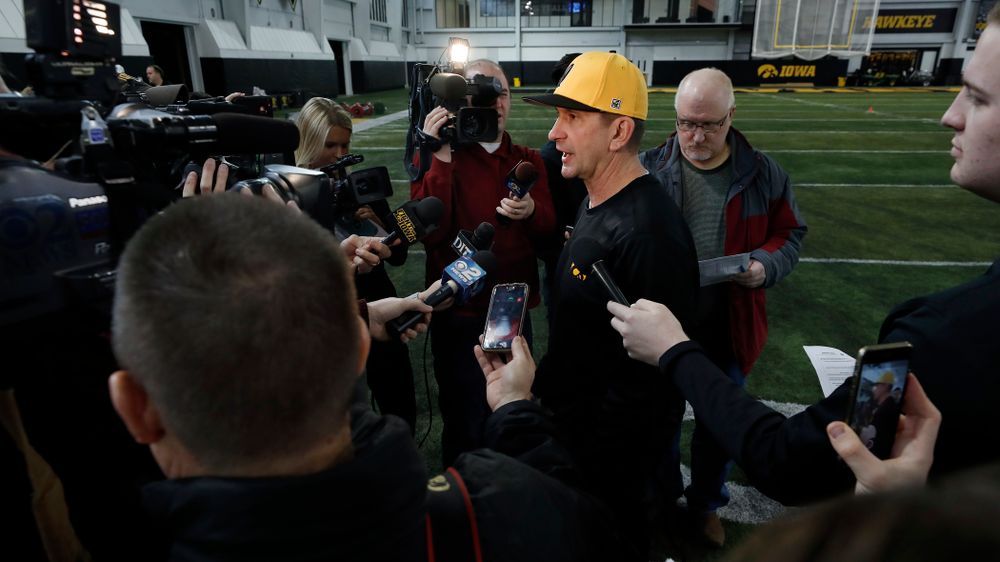 Iowa Hawkeyes head coach Rick Heller answers questions from reporters during the team's annual media day Thursday, February 8, 2018 in the indoor practice facility. (Brian Ray/hawkeyesports.com)