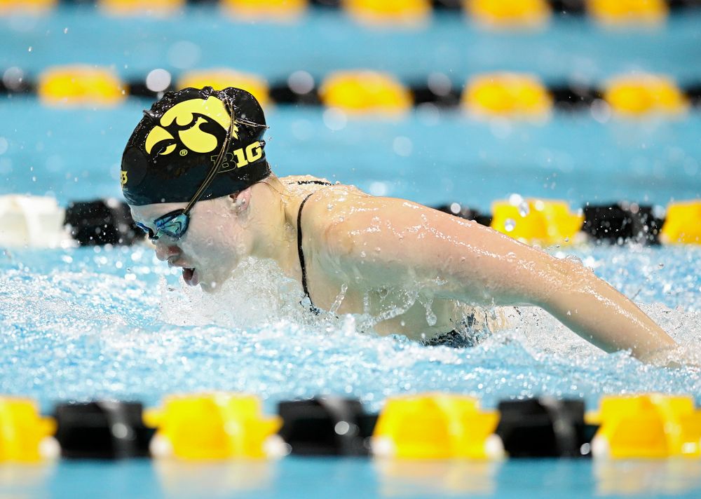 Iowa’s Lauren McDougall swims the butterfly section in the women’s 400 yard medley relay event during their meet at the Campus Recreation and Wellness Center in Iowa City on Friday, February 7, 2020. (Stephen Mally/hawkeyesports.com)