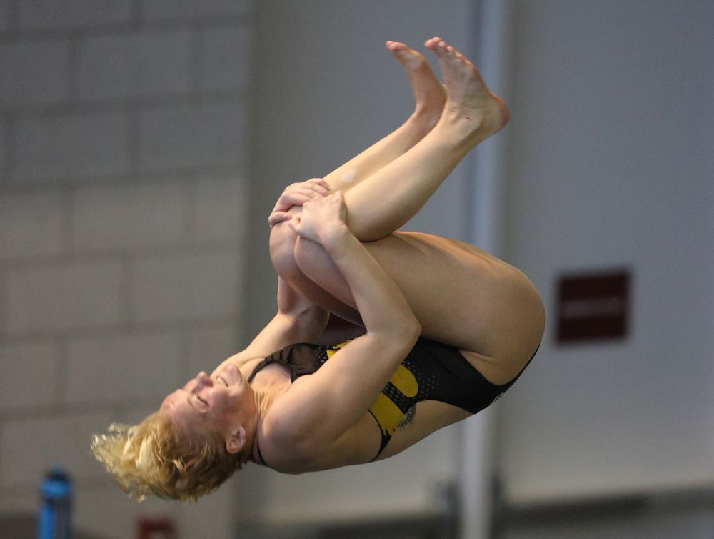 Iowa's Thelma Strandberg competes on the 3 meter springboard during a double dual against Wisconsin and Northwestern Saturday, January 19, 2019 at the Campus Recreation and Wellness Center. (Brian Ray/hawkeyesports.com)
