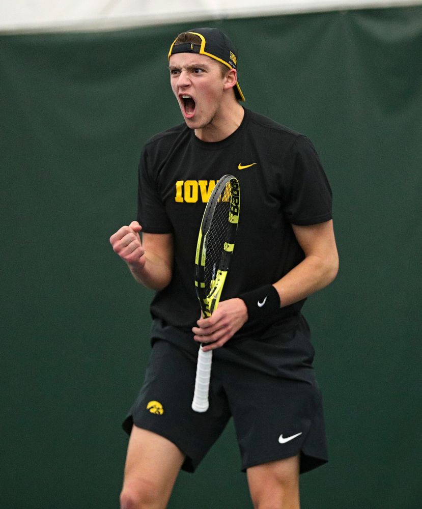 Iowa’s Joe Tyler celebrates a point during his singles match at the Hawkeye Tennis and Recreation Complex in Iowa City on Friday, March 6, 2020. (Stephen Mally/hawkeyesports.com)