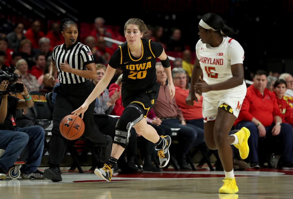 Iowa Hawkeyes guard Kate Martin (20) against the Maryland Terrapins Thursday, February 13, 2020 at the Xfinity Center in College Park, MD. (Brian Ray/hawkeyesports.com)