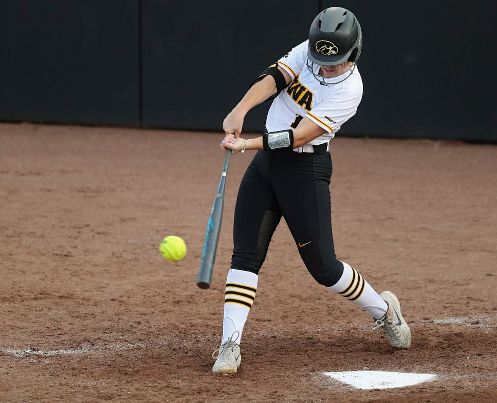 Iowa right fielder Cameron Cecil (1) connects on a pitch during the fifth inning of their game against Ohio State at Pearl Field in Iowa City on Friday, May. 3, 2019. (Stephen Mally/hawkeyesports.com)