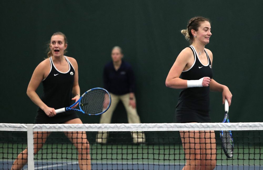Iowa's Ashleigh Jacobs and Sophie Clark play a doubles match against the Penn State Nittany Lions Sunday, February 24, 2019 at the Hawkeye Tennis and Recreation Complex. (Brian Ray/hawkeyesports.com)