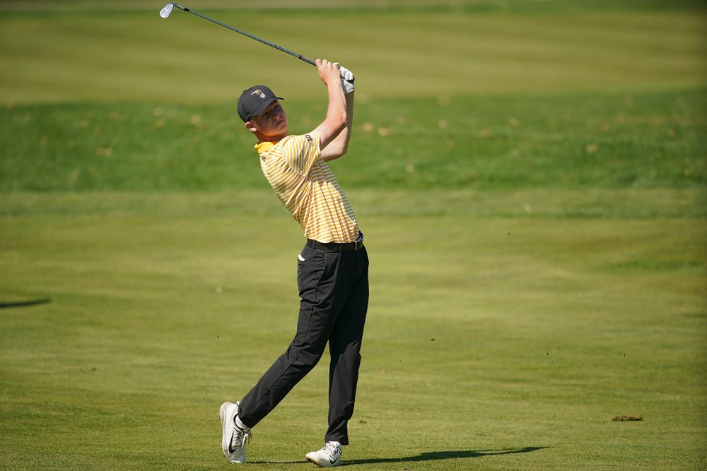 Iowa's Benton Weinberg hits from the fairway during the third round of the Hawkeye Invitational at Finkbine Golf Course in Iowa City on Sunday, Apr. 21, 2019. (Stephen Mally/hawkeyesports.com)