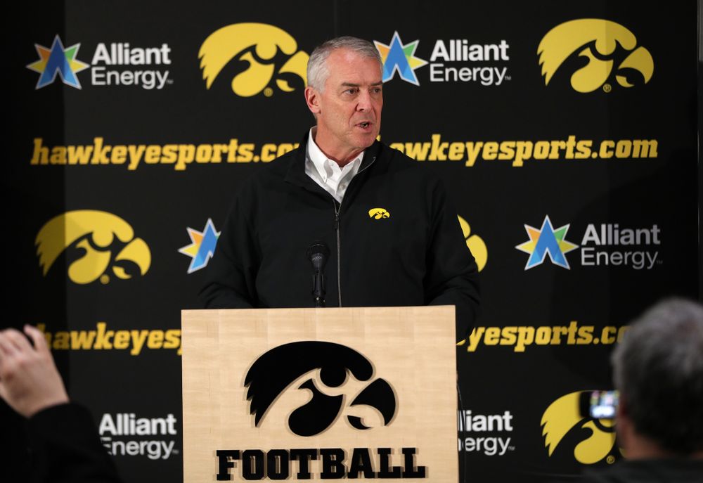 Henry B. and Patricia B. Tippie Director of Athletics Chair Gary Barta addresses the media about the Hawkeyes selection to face Mississippi State in the Outback Bowl Sunday, December 2, 2018 at the Hansen Football Performance Center. (Brian Ray/hawkeyesports.com)
