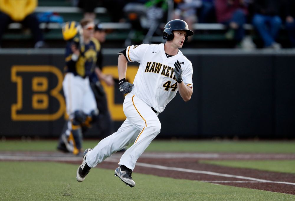 Iowa Hawkeyes outfielder Robert Neustrom (44) against the Michigan Wolverines Friday, April 27, 2018 at Duane Banks Field in Iowa City. (Brian Ray/hawkeyesports.com)