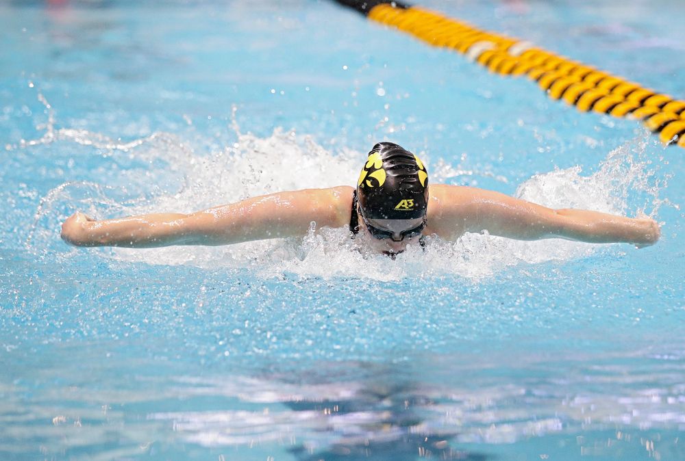 Iowa’s Kelsey Drake swims the women’s 100 yard butterfly final event during the 2020 Women’s Big Ten Swimming and Diving Championships at the Campus Recreation and Wellness Center in Iowa City on Friday, February 21, 2020. (Stephen Mally/hawkeyesports.com)