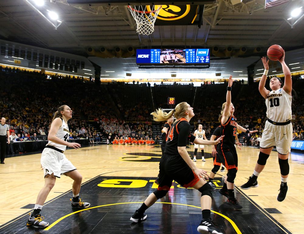Iowa Hawkeyes forward Megan Gustafson (10) puts up a shot during the first round of the 2019 NCAA Women's Basketball Tournament at Carver Hawkeye Arena in Iowa City on Sunday, Dec. 31, 2000. (Stephen Mally for hawkeyesports.com)