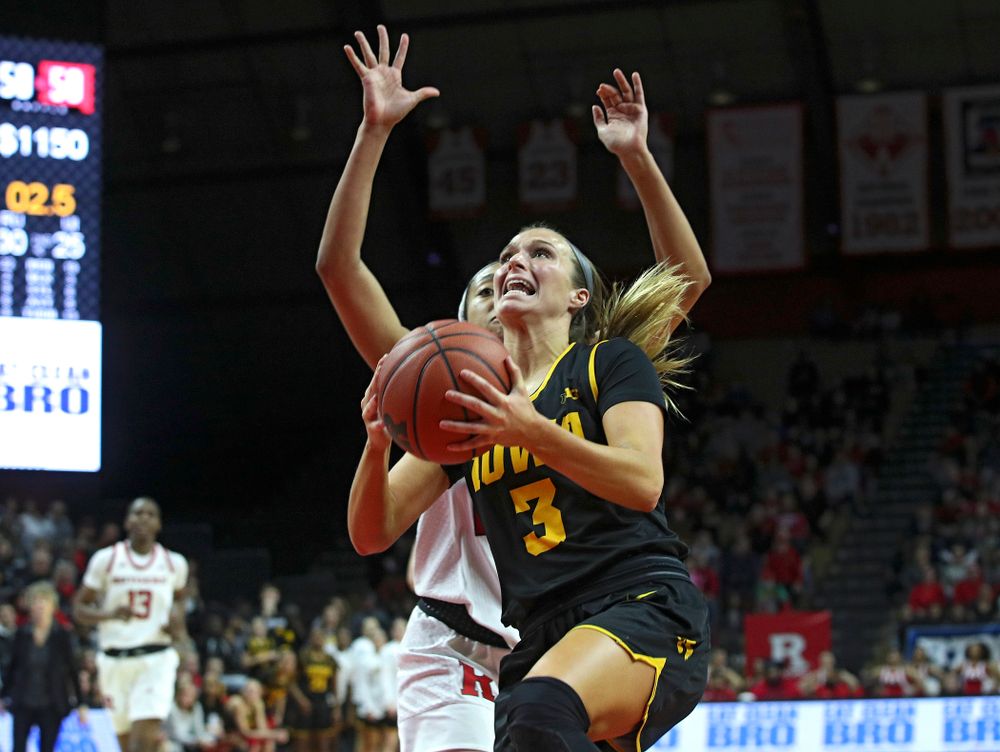 Iowa guard Makenzie Meyer (3) makes a basket during the second quarter of their game at the Rutgers Athletic Center in Piscataway, N.J. on Sunday, March 1, 2020. (Stephen Mally/hawkeyesports.com)