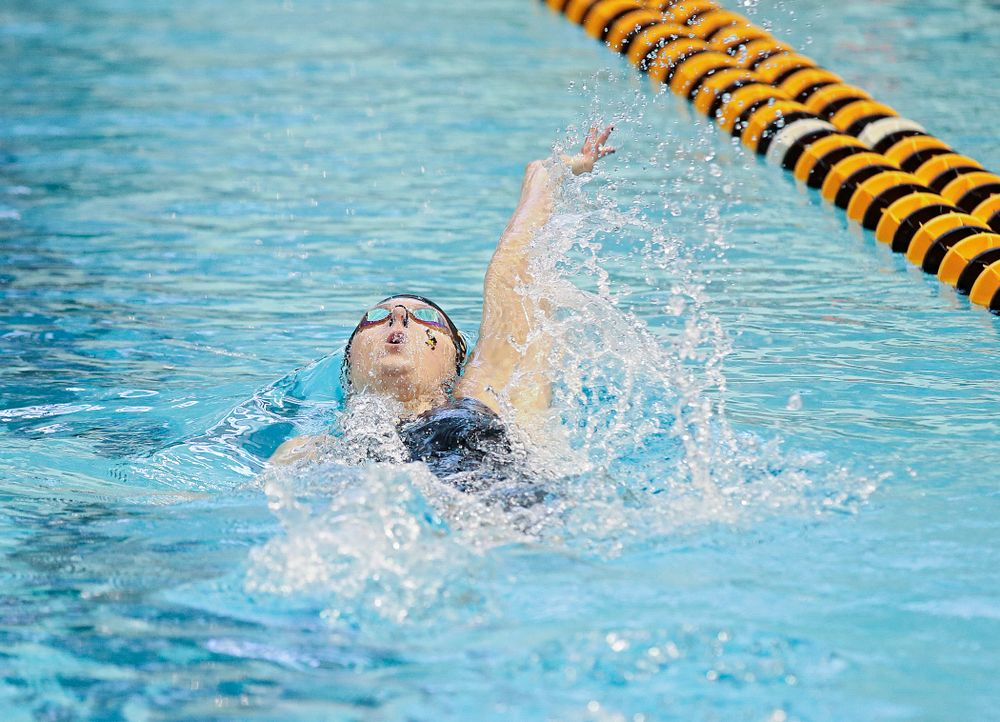 Iowa’s Zoe Pawloski swims the women’s 100 yard backstroke preliminary event during the 2020 Women’s Big Ten Swimming and Diving Championships at the Campus Recreation and Wellness Center in Iowa City on Friday, February 21, 2020. (Stephen Mally/hawkeyesports.com)