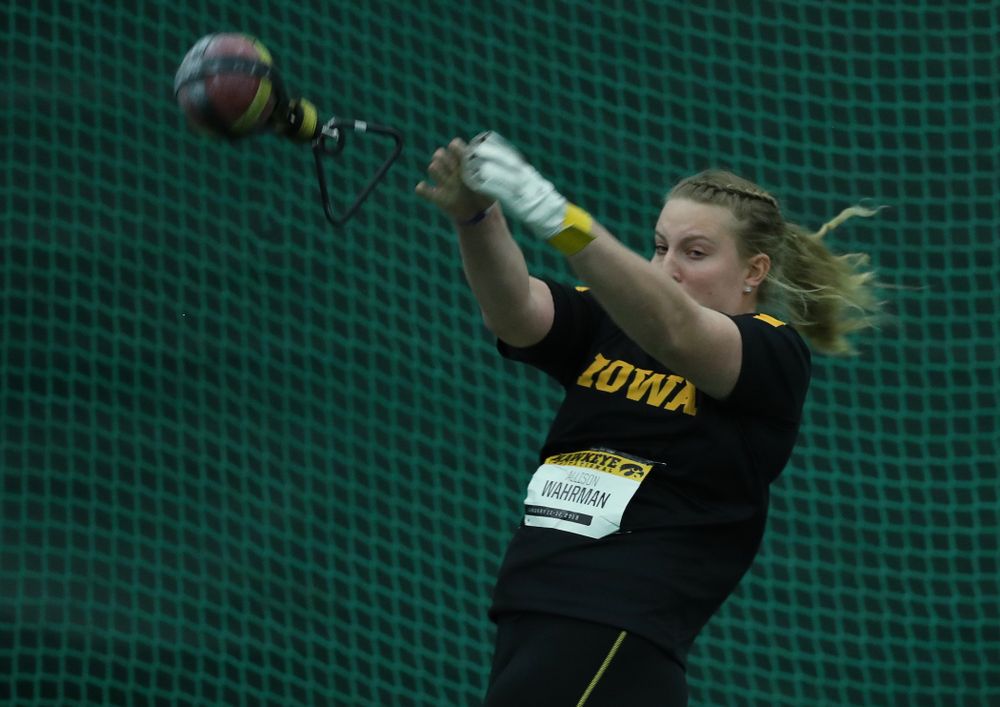 Iowa's Allison Wahrman competes in the weight throw Friday, January 11, 2019 at the Hawkeye Tennis and Recreation Center. (Brian Ray/hawkeyesports.com)