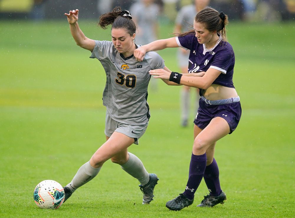 Iowa forward Devin Burns (30) moves with the ball during overtime of their match at the Iowa Soccer Complex in Iowa City on Sunday, Sep 29, 2019. (Stephen Mally/hawkeyesports.com)