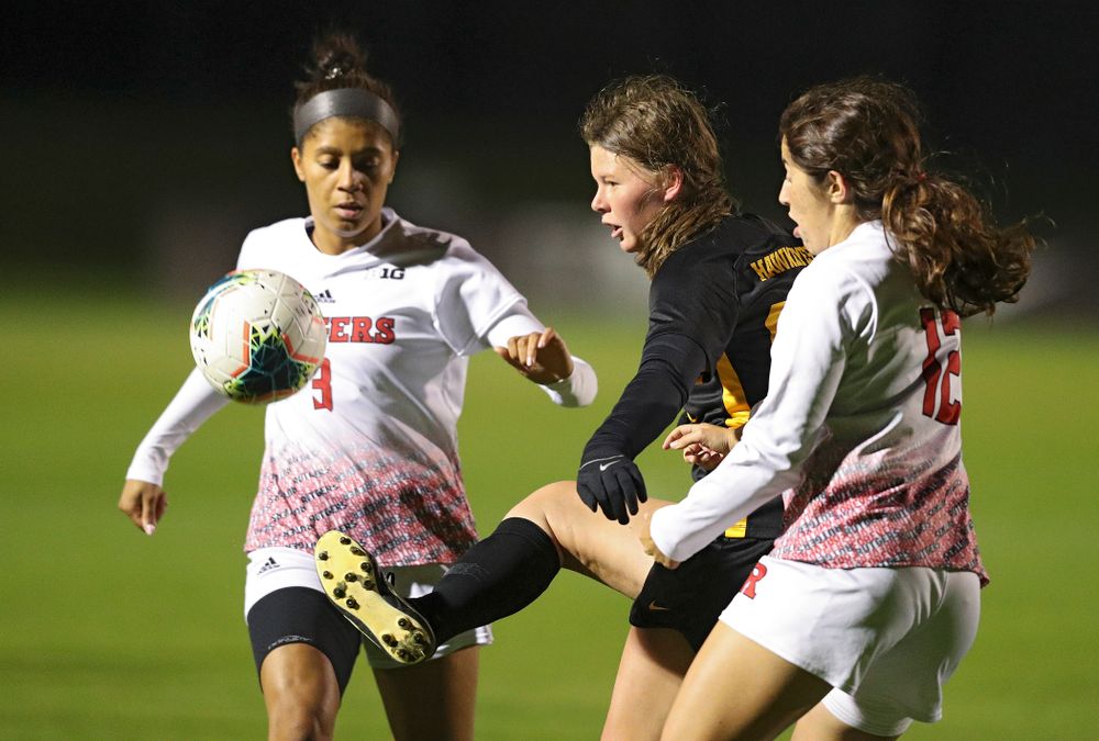 Iowa forward Samantha Tawharu (27) passes the ball during the first half of their match at the Iowa Soccer Complex in Iowa City on Friday, Oct 11, 2019. (Stephen Mally/hawkeyesports.com)