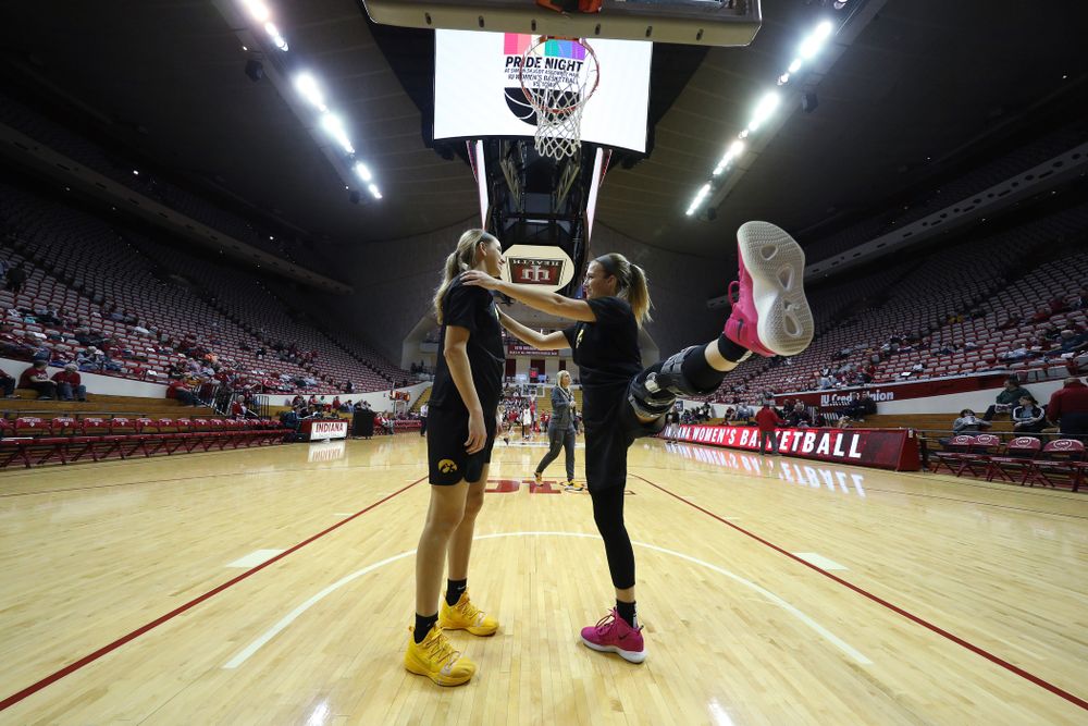 Iowa Hawkeyes forward Logan Cook (23) and guard Makenzie Meyer (3) against the Indiana Hoosiers Thursday, February 21, 2019 at Simon Skjodt Assembly Hall. (Brian Ray/hawkeyesports.com)