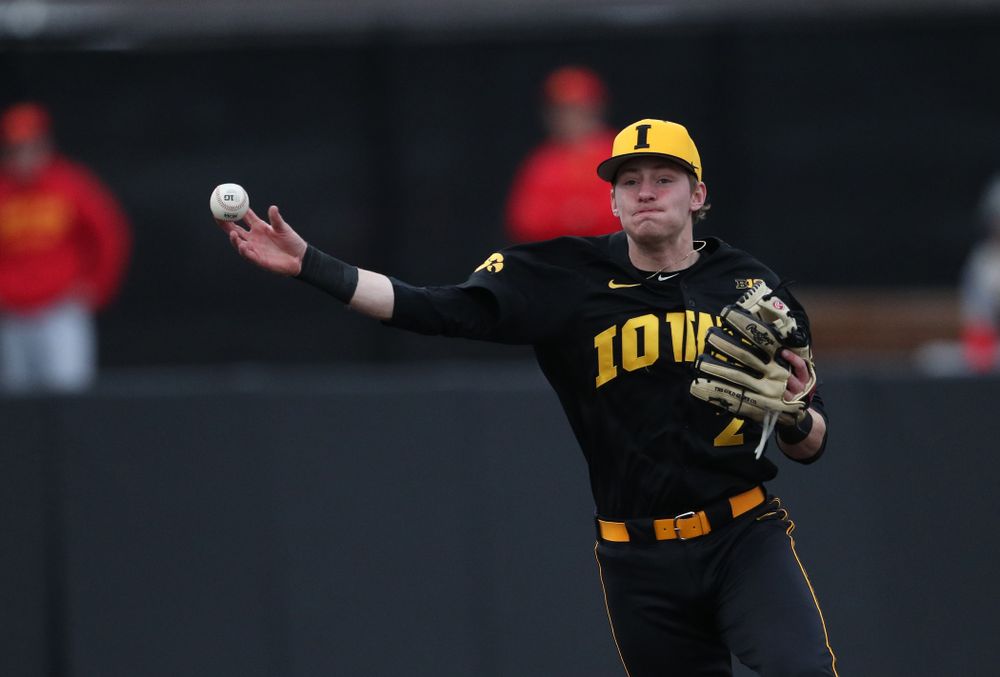 Iowa Hawkeyes infielder Brendan Sher (2) against Simpson College Tuesday, March 19, 2019 at Duane Banks Field. (Brian Ray/hawkeyesports.com)