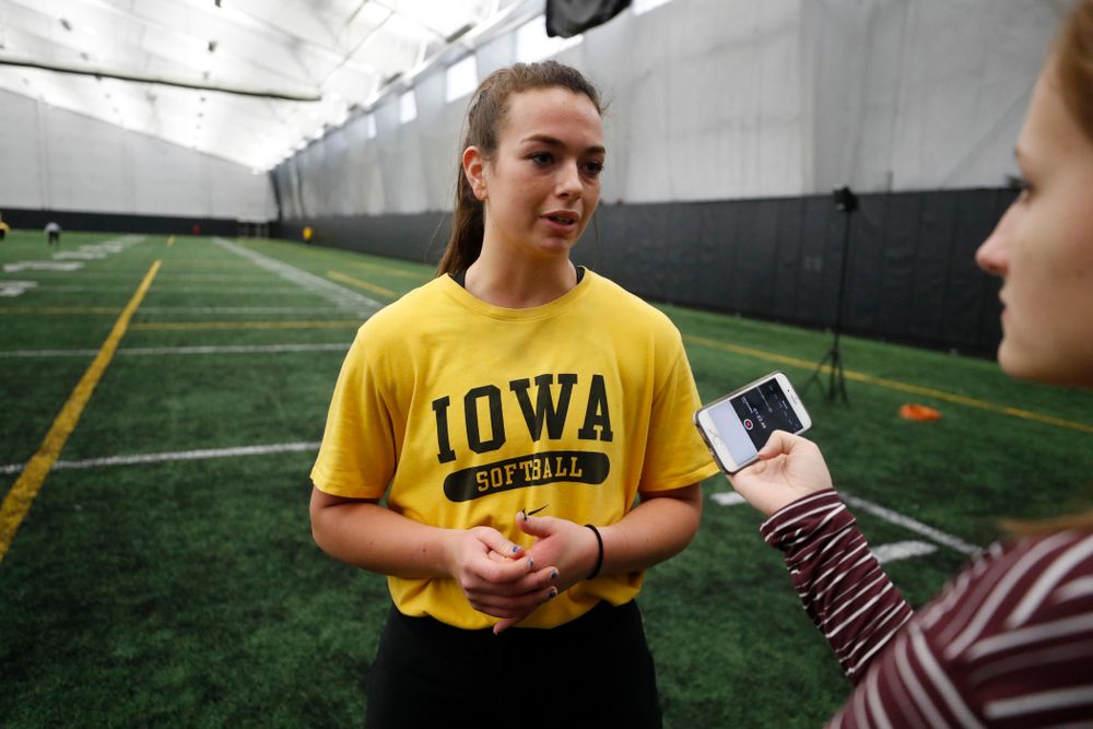 Iowa's Angela Schmiederer answers questions during the team's annual media day Thursday, February 1, 2018 at the Hawkeye Tennis and Recreation Complex. (Brian Ray/hawkeyesports.com)