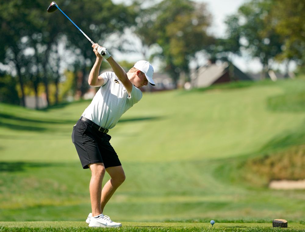 Iowa’s Benton Weinberg tees off during the second day of the Golfweek Conference Challenge at the Cedar Rapids Country Club in Cedar Rapids on Monday, Sep 16, 2019. (Stephen Mally/hawkeyesports.com)