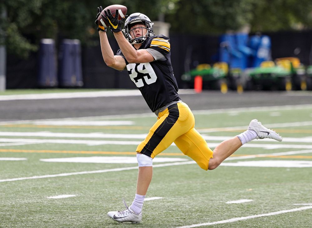 Iowa Hawkeyes wide receiver Jackson Ritter (29) pulls in a touchdown pass during Fall Camp Practice No. 11 at the Hansen Football Performance Center in Iowa City on Wednesday, Aug 14, 2019. (Stephen Mally/hawkeyesports.com)