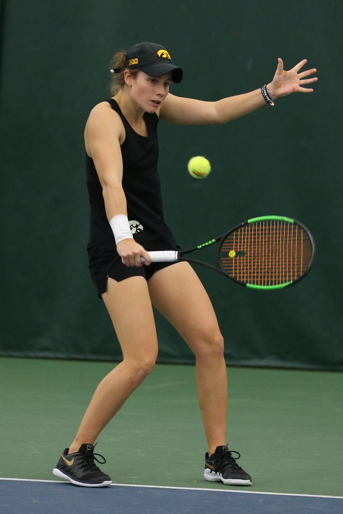 Iowa’s Elise van Heuvelen Treadwell returns a hit during the Iowa women’s tennis meet vs UNI  on Saturday, February 29, 2020 at the Hawkeye Tennis and Recreation Complex. (Lily Smith/hawkeyesports.com)