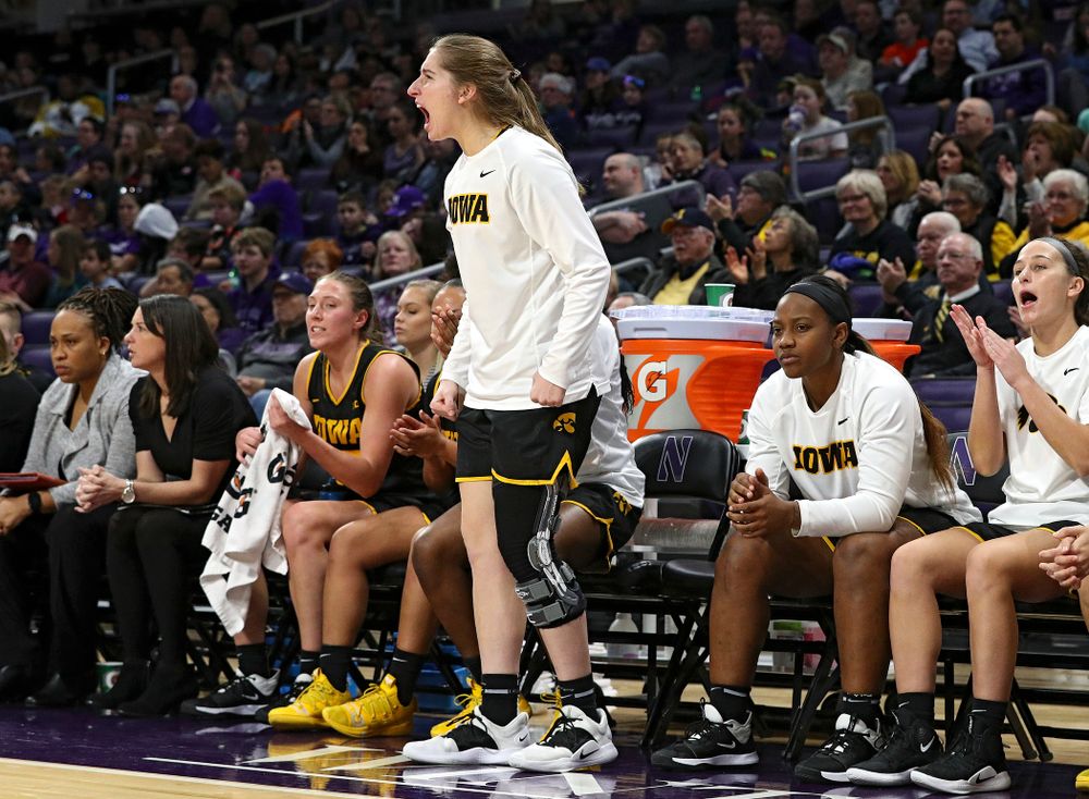 Iowa Hawkeyes guard Kate Martin (20) is pumped up after a score during the third quarter of their game at Welsh-Ryan Arena in Evanston, Ill. on Sunday, January 5, 2020. (Stephen Mally/hawkeyesports.com)