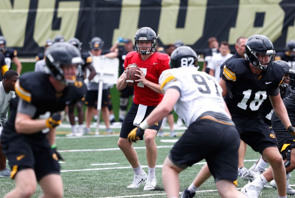 Iowa Hawkeyes quarterback Spencer Petras (7) during practice No. 4 of Fall Camp Monday, August 6, 2018 at the Hansen Football Performance Center. (Brian Ray/hawkeyesports.com)