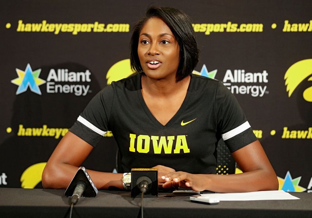 Iowa interim head coach Vicki Brown answers questions during Iowa Volleyball’s Media Day at Carver-Hawkeye Arena in Iowa City on Friday, Aug 23, 2019. (Stephen Mally/hawkeyesports.com)
