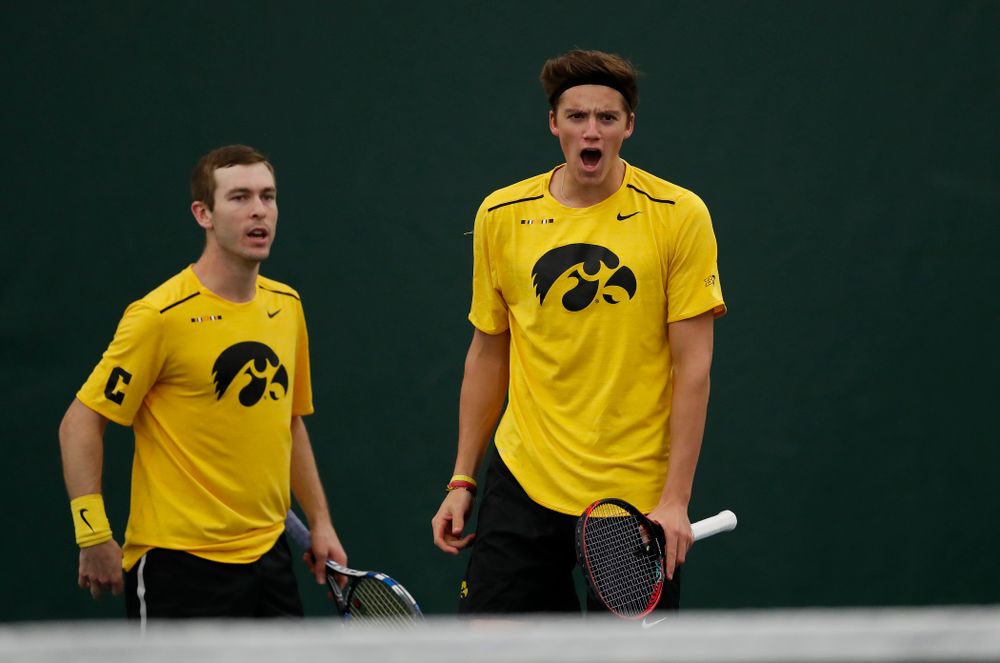 Joe Tyler and Jake Jacoby play a doubles match against the Illinois Fighting Illini Saturday, March 31, 2018 at Hawkeye Tennis and Recreation Center. (Brian Ray/hawkeyesports.com)
