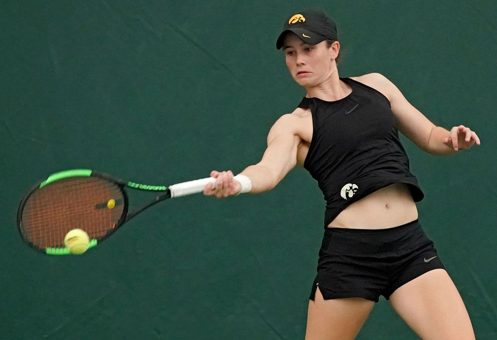 Iowa's Elise van Heuvelen Treadwell plays a match against Indiana at the Hawkeye Tennis and Recreation Complex in Iowa City on Sunday, Mar. 31, 2019. (Stephen Mally/hawkeyesports.com)