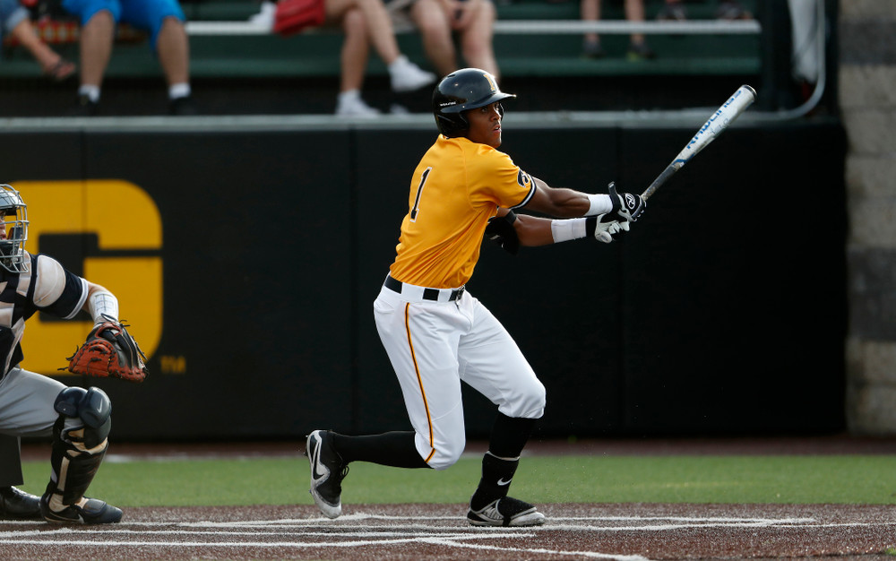 Iowa Hawkeyes third baseman Lorenzo Elion (1) doubles against the Penn State Nittany Lions Saturday, May 19, 2018 at Duane Banks Field. (Brian Ray/hawkeyesports.com)