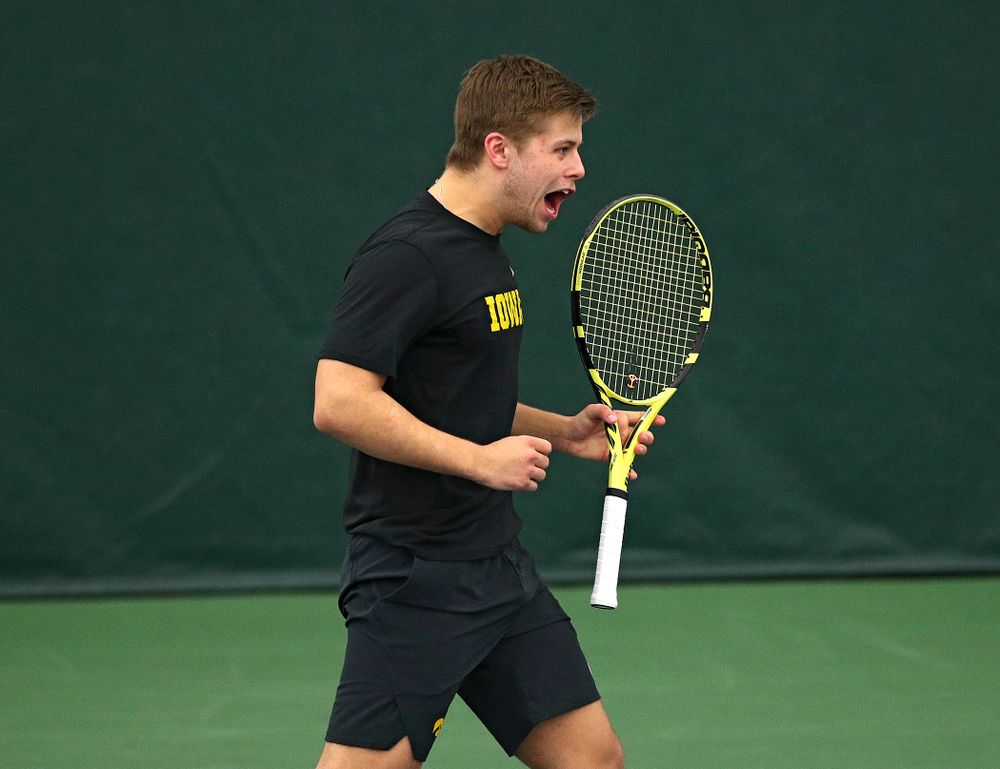 Iowa’s Will Davies celebrates a point during his doubles match at the Hawkeye Tennis and Recreation Complex in Iowa City on Friday, March 6, 2020. (Stephen Mally/hawkeyesports.com)