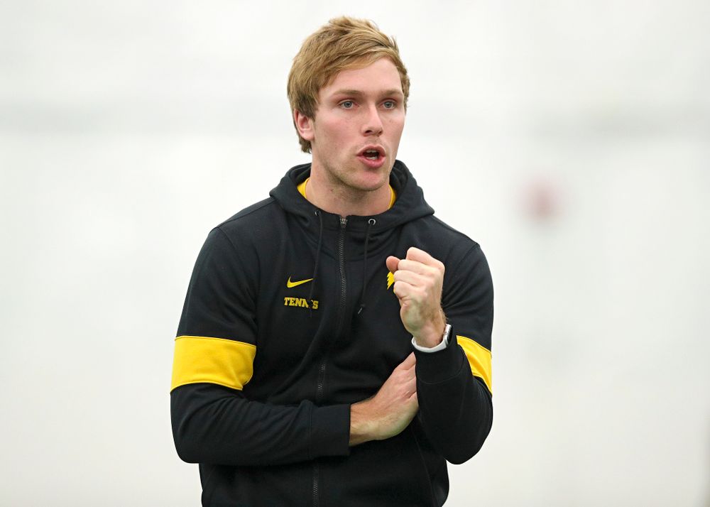 Daniel Leitner, program coordinator, celebrates a point during their match at the Hawkeye Tennis and Recreation Complex in Iowa City on Sunday, February 16, 2020. (Stephen Mally/hawkeyesports.com)