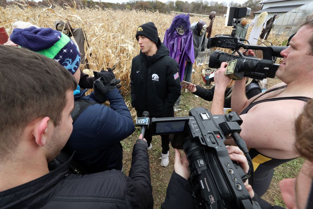 All American Michael Kemerer answers questions from reporters during the teamÕs annual media day Wednesday, October 30, 2019 at Kroul Family Farms in Mount Vernon. (Brian Ray/hawkeyesports.com)
