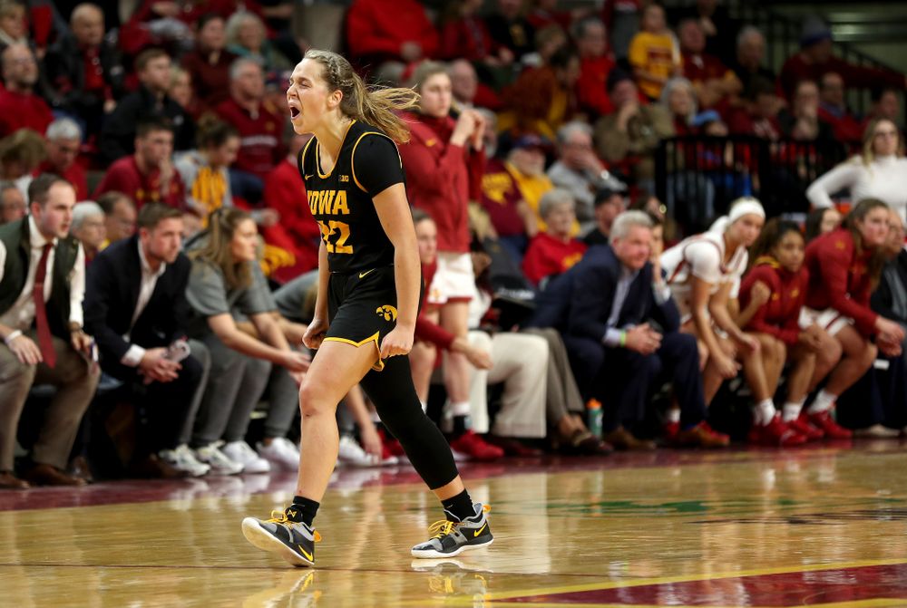 Iowa Hawkeyes guard Kathleen Doyle (22) celebrates at the end of the game against the Iowa State Cyclones Wednesday, December 11, 2019 at Hilton Coliseum in Ames, Iowa(Brian Ray/hawkeyesports.com)