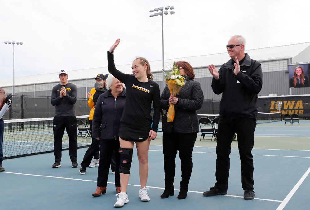 Iowa's Zoe Douglas during Senior Day activities before their match against the Wisconsin Badgers Sunday, April 22, 2018 at the Hawkeye Tennis and Recreation Center. (Brian Ray/hawkeyesports.com)