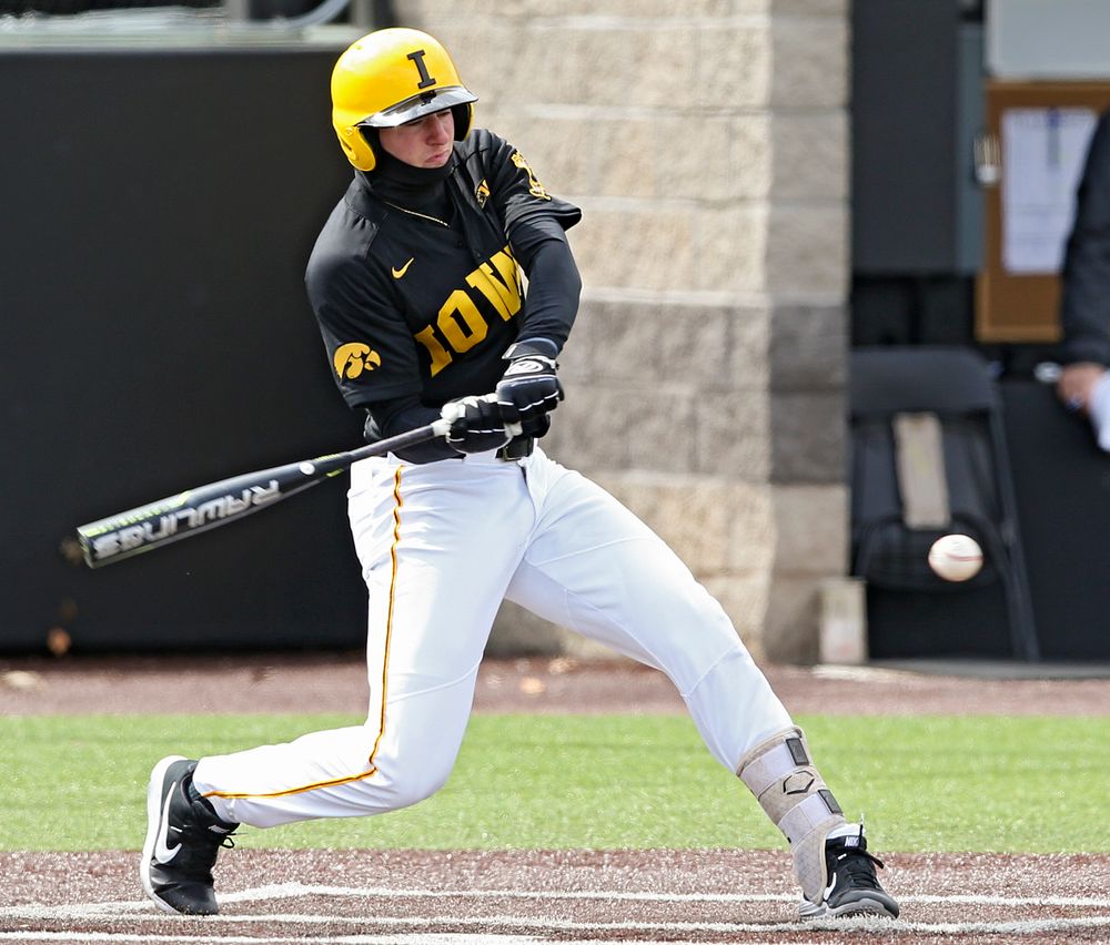 Iowa Hawkeyes third baseman Brendan Sher (2) bats during the second inning of their game against Illinois at Duane Banks Field in Iowa City on Saturday, Mar. 30, 2019. (Stephen Mally/hawkeyesports.com)