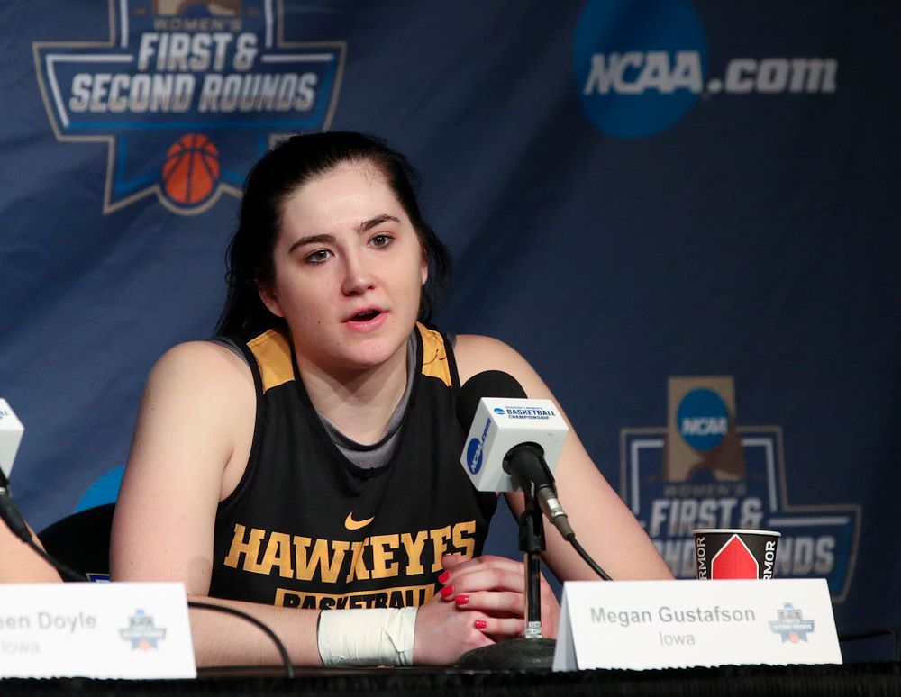 Iowa Hawkeyes forward Megan Gustafson (10) answers a question during media availability before their next game in the 2019 NCAA Women's Basketball Tournament at Carver Hawkeye Arena in Iowa City on Saturday, Mar. 23, 2019. (Stephen Mally for hawkeyesports.com)
