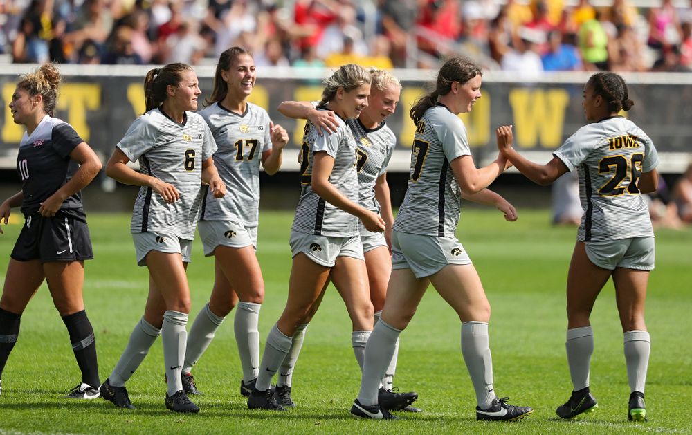 Iowa forward Gianna Gourley (32) celebrates with her teammates after scoring a goal during the first half of their match at the Iowa Soccer Complex in Iowa City on Sunday, Sep 1, 2019. (Stephen Mally/hawkeyesports.com)
