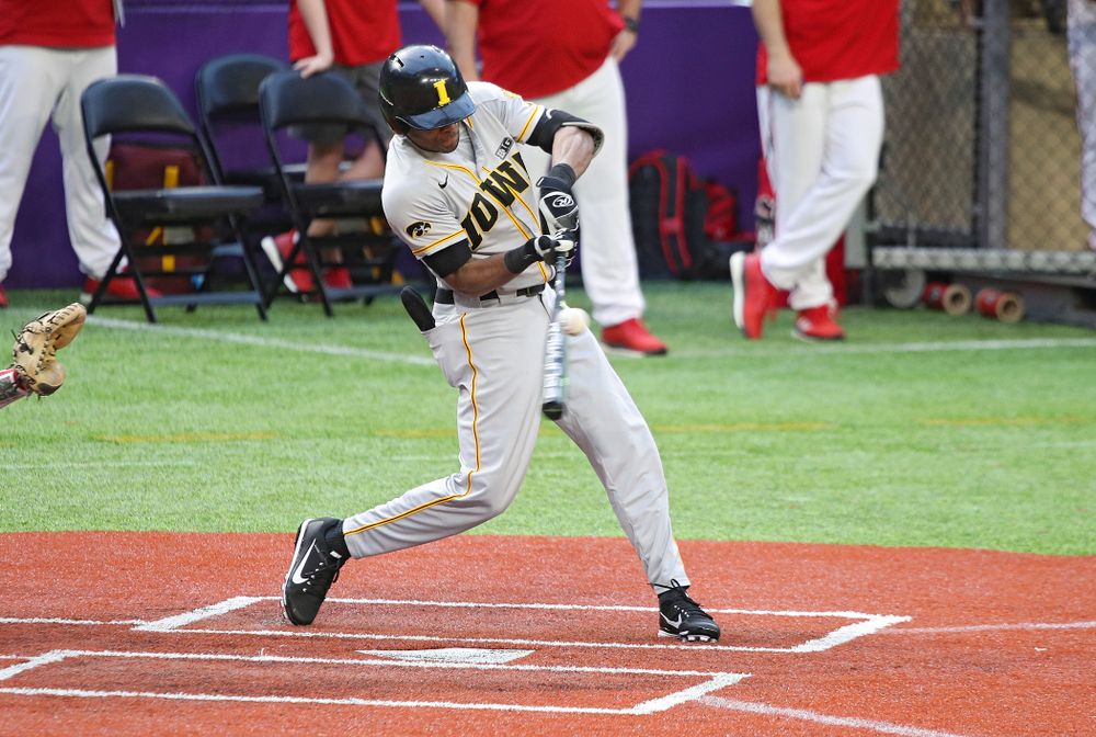 Iowa Hawkeyes infielder Lorenzo Elion (1) bats during the ninth inning of their CambriaCollegeClassic game at U.S. Bank Stadium in Minneapolis, Minn. on Friday, February 28, 2020. (Stephen Mally/hawkeyesports.com)