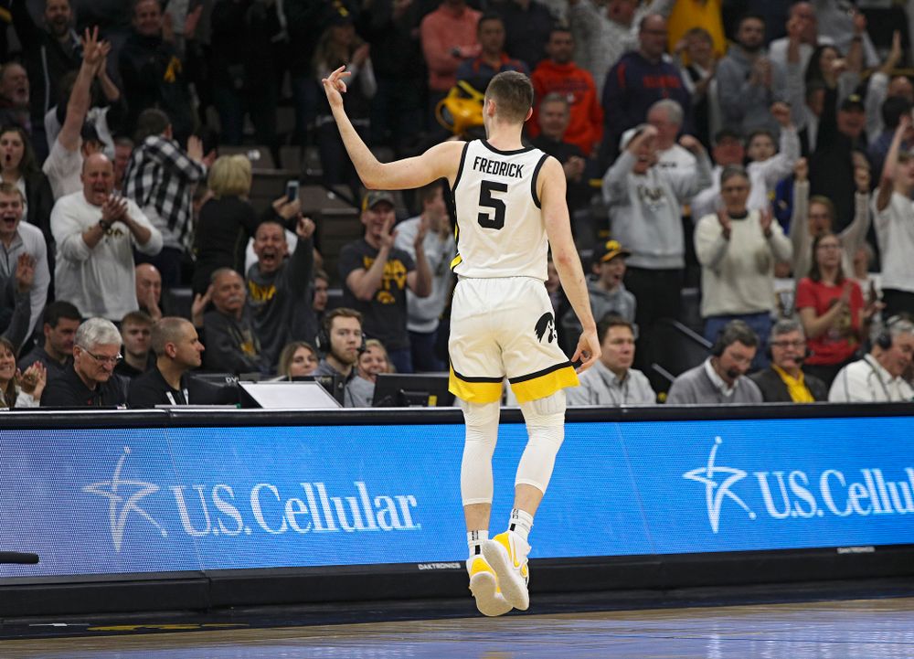 Iowa Hawkeyes guard CJ Fredrick (5) celebrates after making a 3-pointer during the second half of the game at Carver-Hawkeye Arena in Iowa City on Sunday, February 2, 2020. (Stephen Mally/hawkeyesports.com)