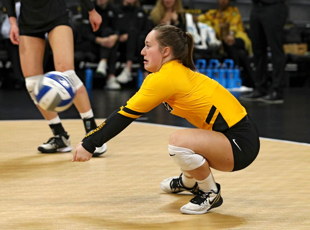 Iowa’s Joslyn Boyer (1) gets a dig during the first set of their match at Carver-Hawkeye Arena in Iowa City on Friday, Nov 29, 2019. (Stephen Mally/hawkeyesports.com)