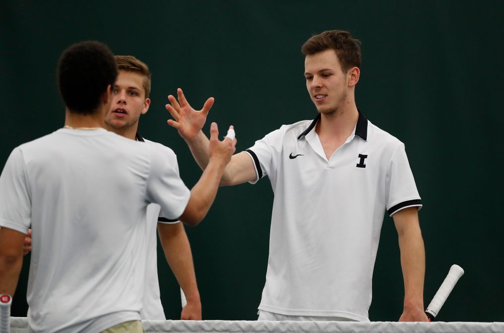 Will Davies and Piotr Smietana play a doubles match against Purdue Sunday, April 15, 2018 at the Hawkeye Tennis and Recreation Center. (Brian Ray/hawkeyesports.com)