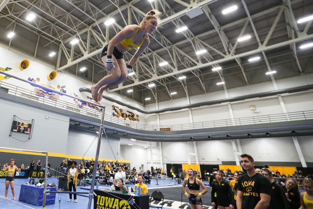 Allyson Steffensmeier performs on the uneven bars during the Iowa women’s gymnastics Black and Gold Intraquad Meet on Saturday, December 7, 2019 at the UI Field House. (Lily Smith/hawkeyesports.com)