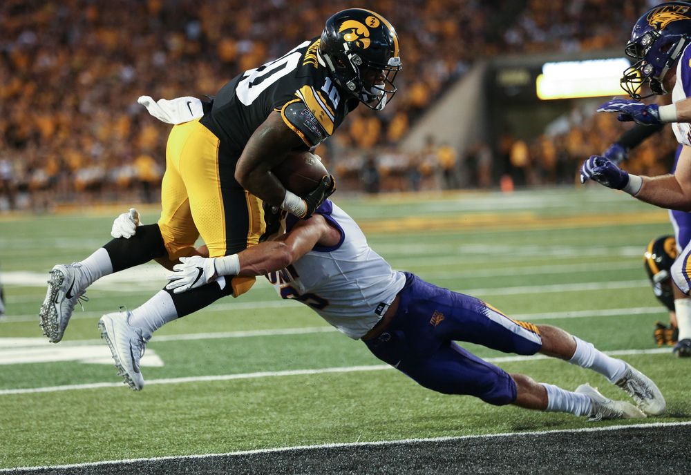 Iowa Hawkeyes running back Mekhi Sargent (10) scores a touchdown during a game against Northern Iowa at Kinnick Stadium on September 15, 2018. (Tork Mason/hawkeyesports.com)