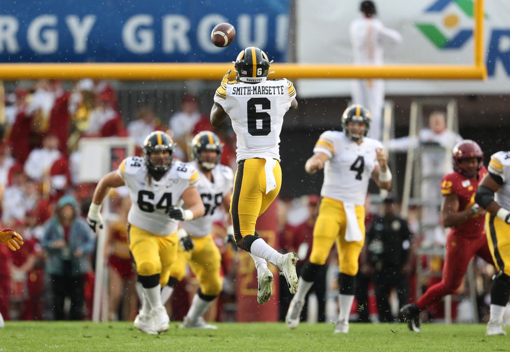 Iowa Hawkeyes wide receiver Ihmir Smith-Marsette (6) makes a catch for a first down against the Iowa State Cyclones Saturday, September 14, 2019 at Jack Trice Stadium in Ames, Iowa. (Brian Ray/hawkeyesports.com)