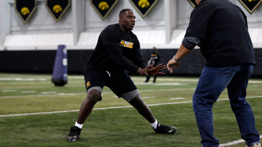 Iowa Hawkeyes offensive lineman James Daniels (78) during the team's annual pro day Monday, March 26, 2018 at the Hansen Football Performance Center. (Brian Ray/hawkeyesports.com)