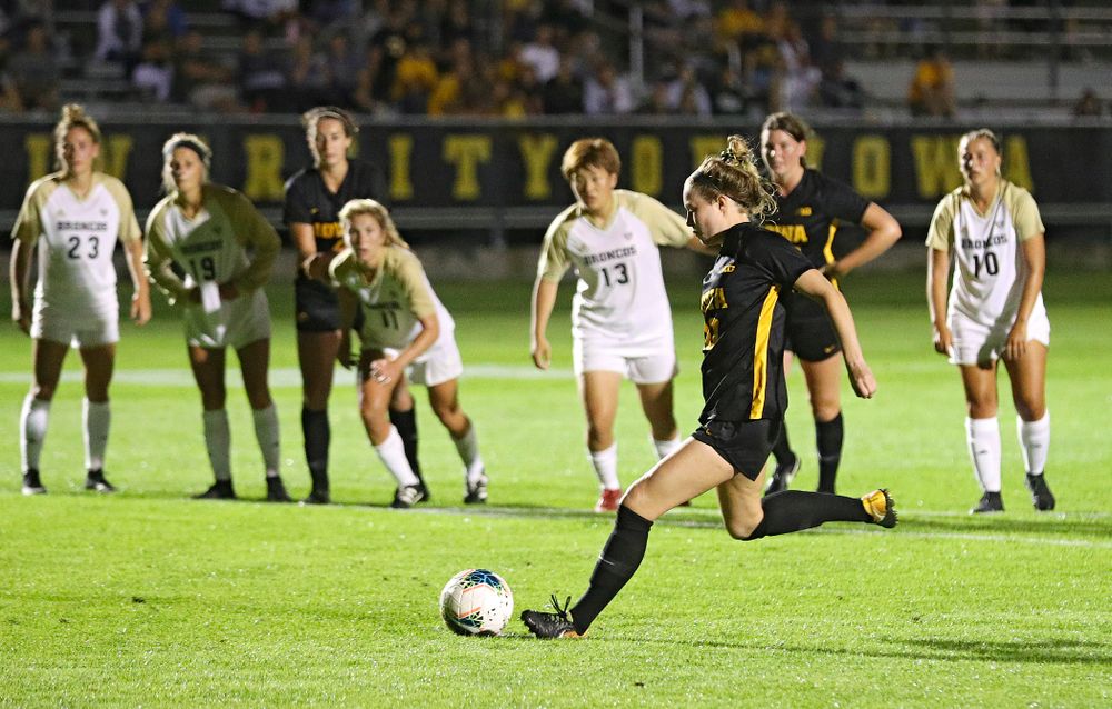 Iowa midfielder/defender Natalie Winters (10) scores a goal on a penalty kick during the second half of their match against Western Michigan at the Iowa Soccer Complex in Iowa City on Thursday, Aug 22, 2019. (Stephen Mally/hawkeyesports.com)