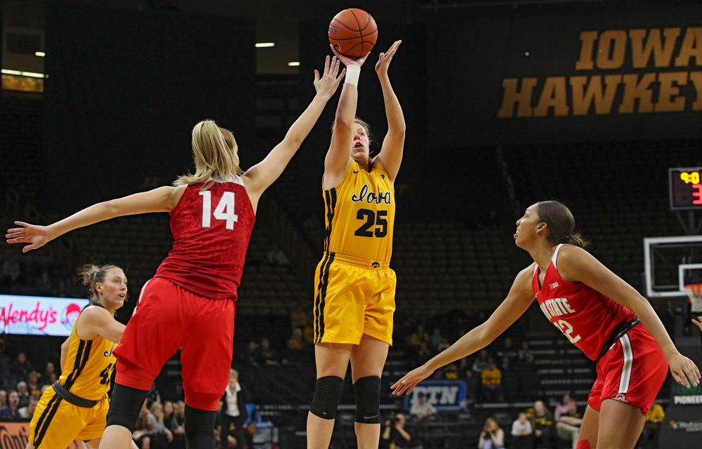Iowa Hawkeyes forward Monika Czinano (25) makes a basket during the first quarter of their game at Carver-Hawkeye Arena in Iowa City on Thursday, January 23, 2020. (Stephen Mally/hawkeyesports.com)