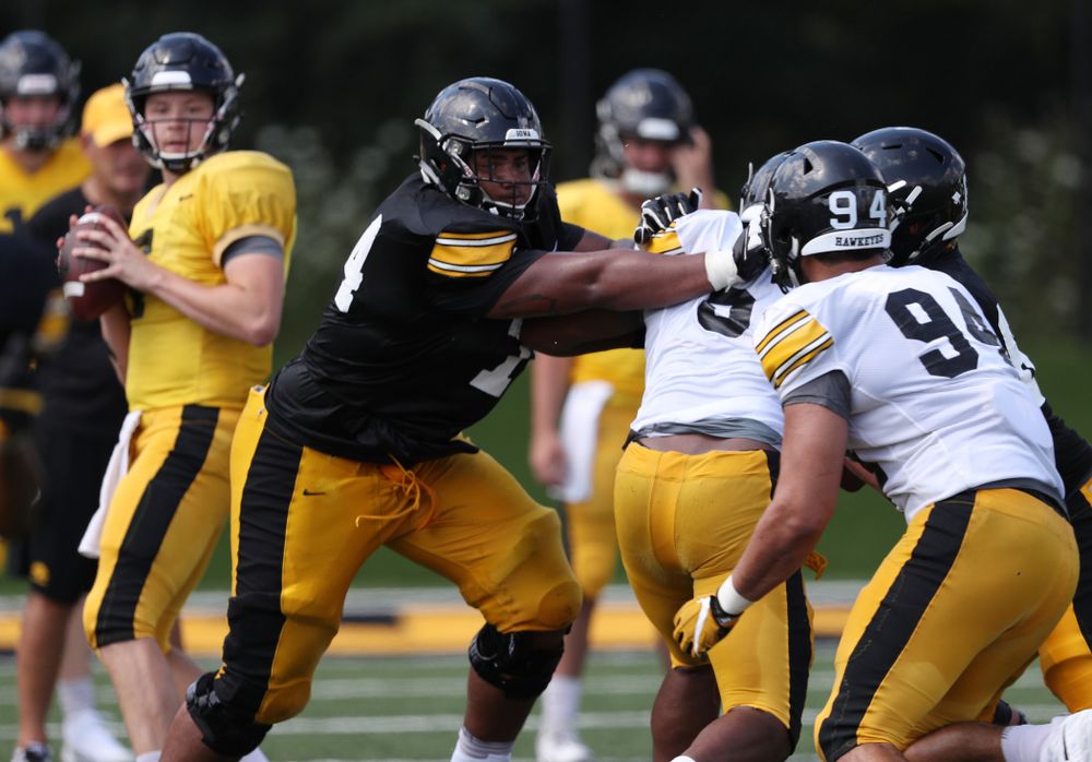 Iowa Hawkeyes offensive lineman Tristan Wirfs (74) during Fall Camp Practice No. 5 Tuesday, August 6, 2019 at the Ronald D. and Margaret L. Kenyon Football Practice Facility. (Brian Ray/hawkeyesports.com)